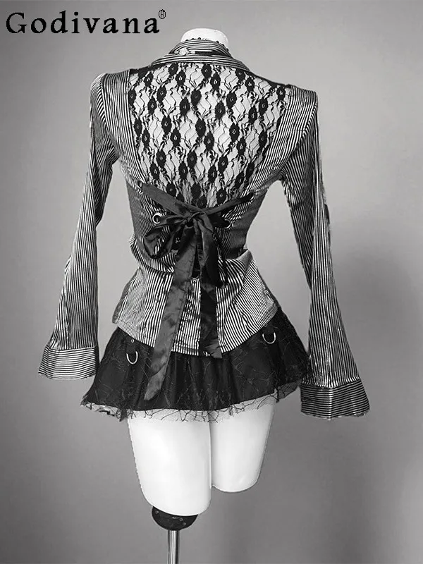 

Japanese Original Y2K Subculture Retro Lolita Set College Style Gothic Striped Lace Top and Skirt Two-Piece Set for Women
