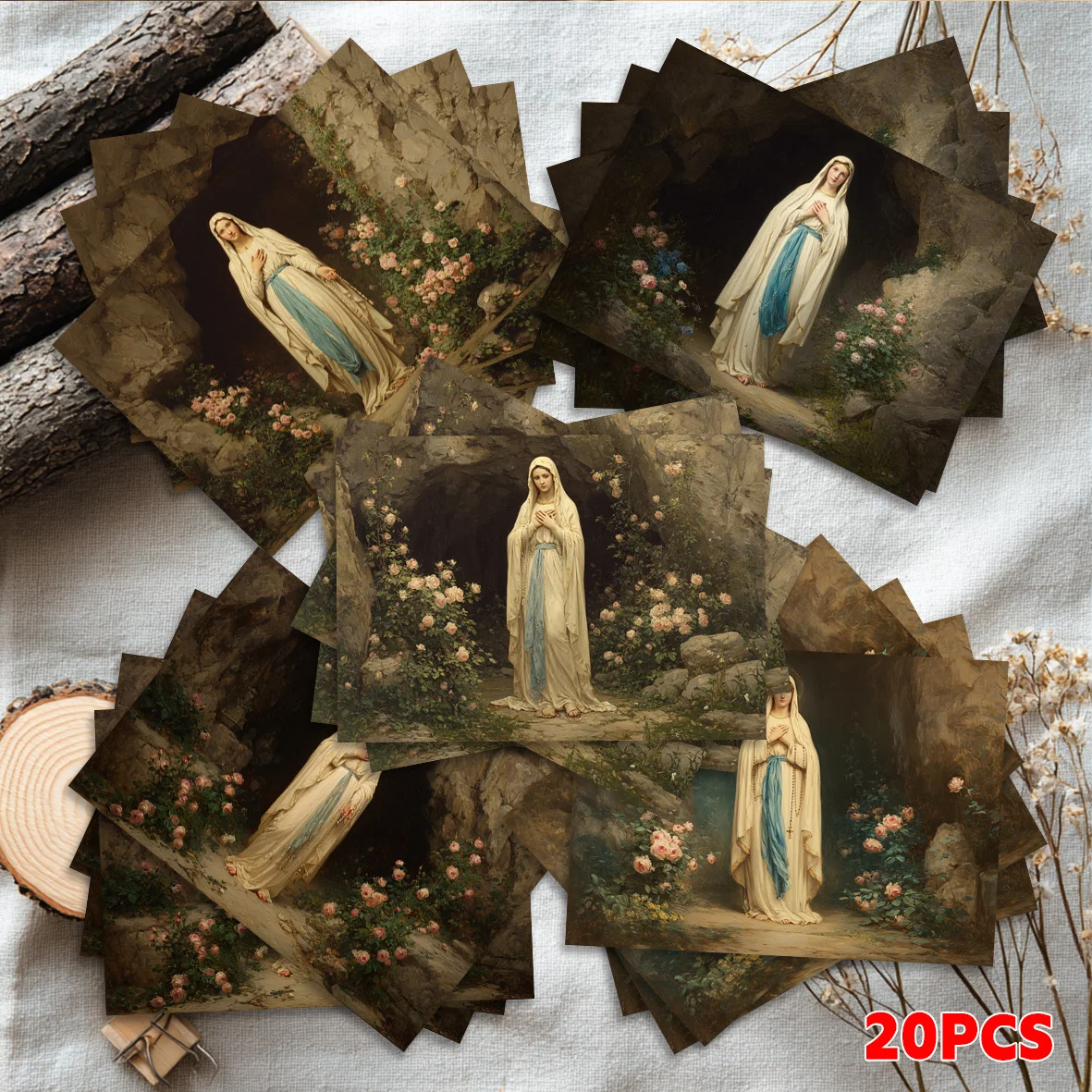 20PCS Virgin Mary Statue and Rose Surrounding Postcards, Suitable for Holiday Greetings and Collecting Gifts
