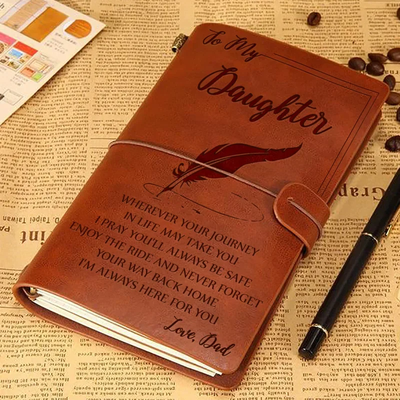 New Vintage A6 Brown Craft Paper Notebook "To My Daughter Love Dad" Engraved Leather Journal Notebook Diary Gift