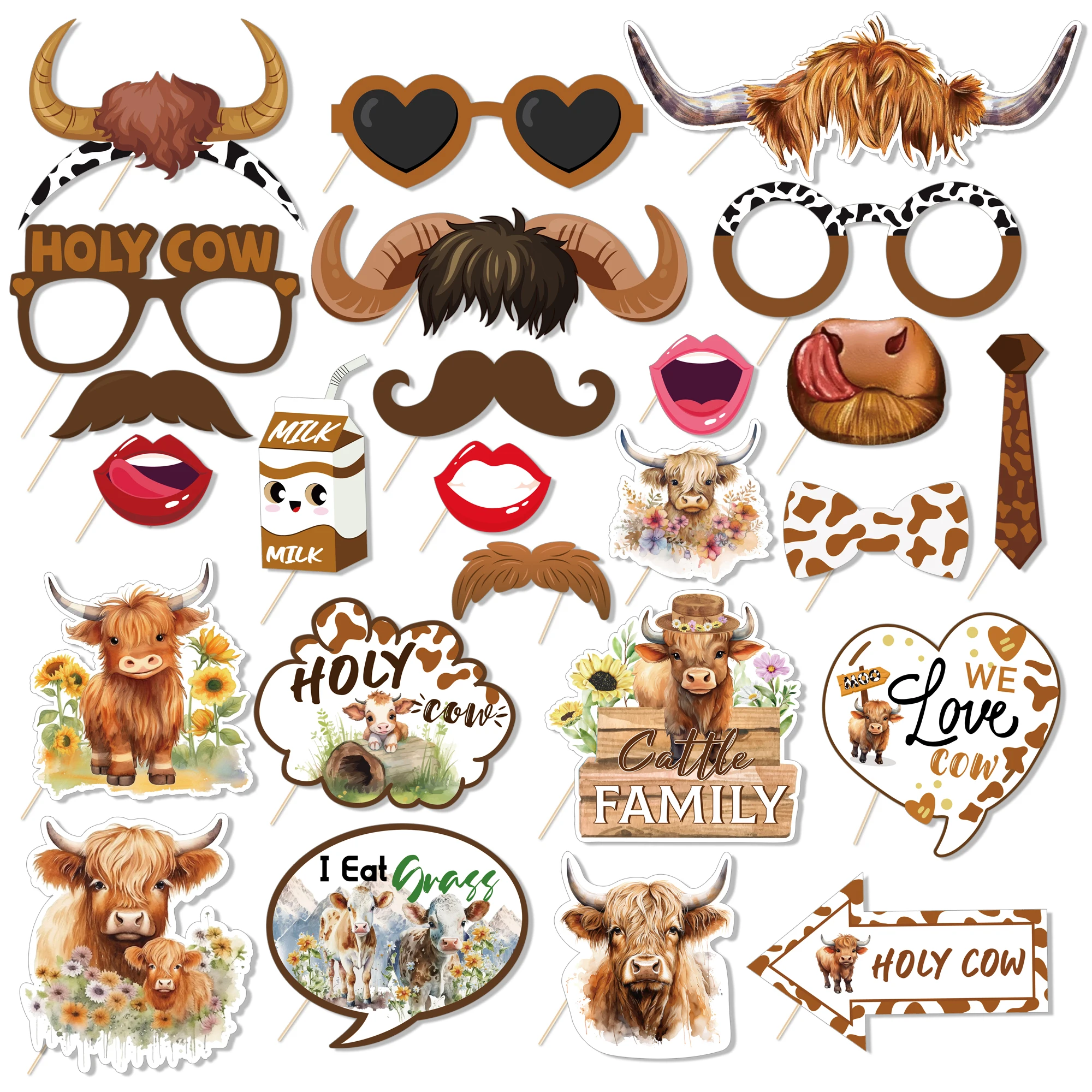 25X Highland Cattle Photo Booth Requisiten Kuh Handheld Fotografie Requisiten Lustiges Ochsenhorn Kit für Festival Kinder Geburtstag Party Supplies