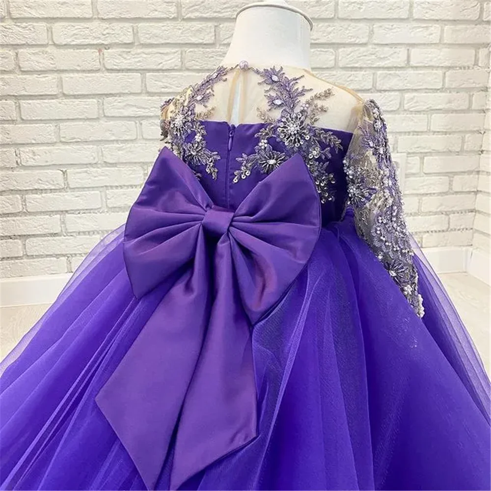 Vestido de niña de flores con cuentas de encaje, vestido de baile con cuello transparente y mangas largas, regalo de cumpleaños para niños, vestidos de boda para desfile