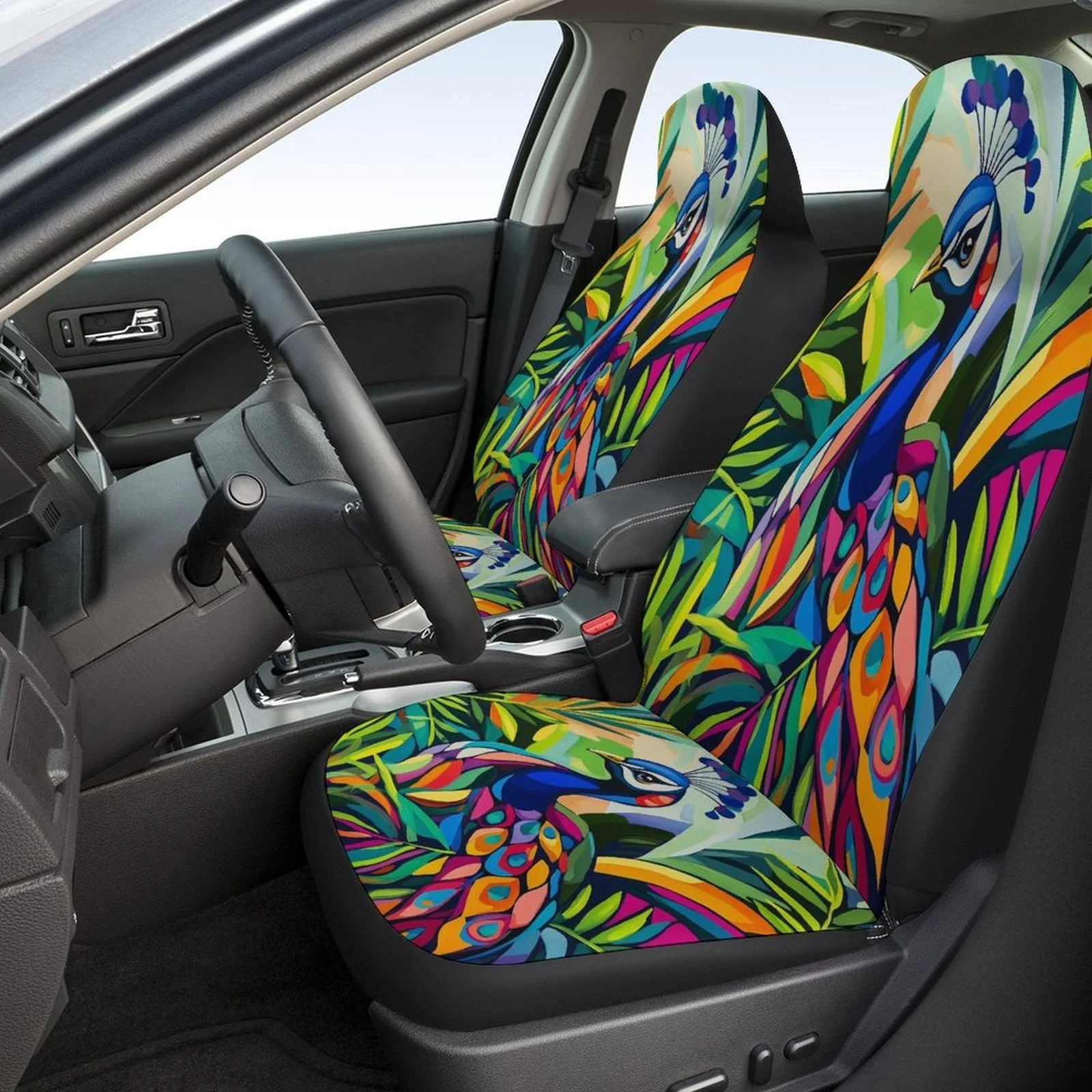 Fit Car Seat Covers Set For Most Vehicles - Peacock & Rooster (or Chicken) Design, Full Set For 2 Front & Rear Seats, Machine-Wa