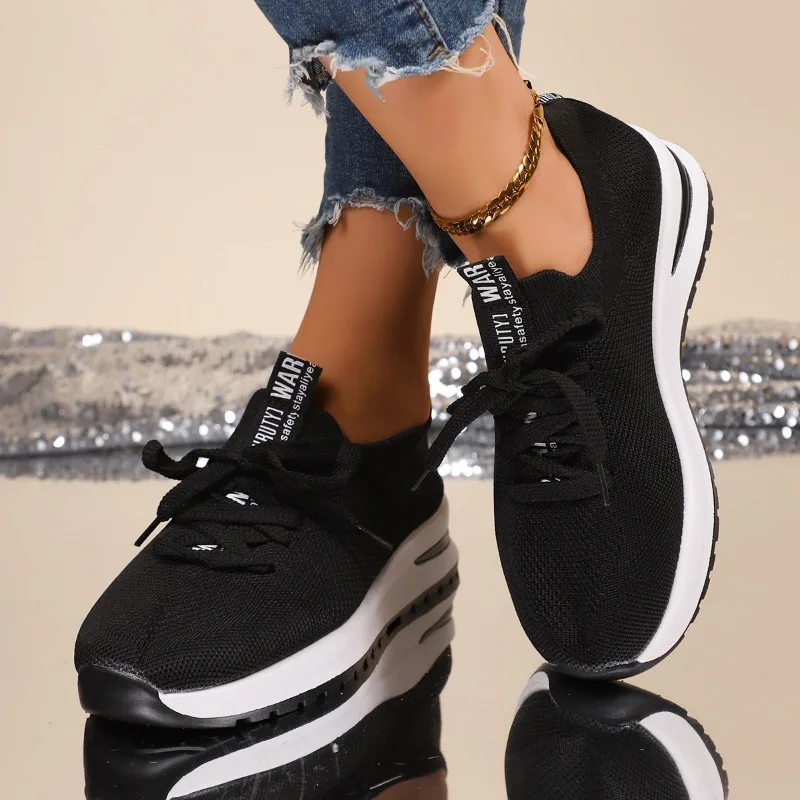 

Новинка 2023 года, вязаные женские кроссовки на массивной платформе, весенняя дышащая спортивная обувь с сеткой, женские модные прогулочные кроссовки больших размеров