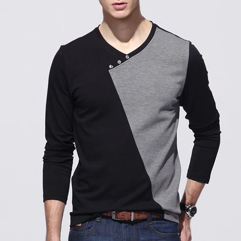 2023 Spring and Autumn Fashion V-neck Button Geometric Panel Contrast Color Long Sleeve Casual Versatile Men's Oversized T-shirt