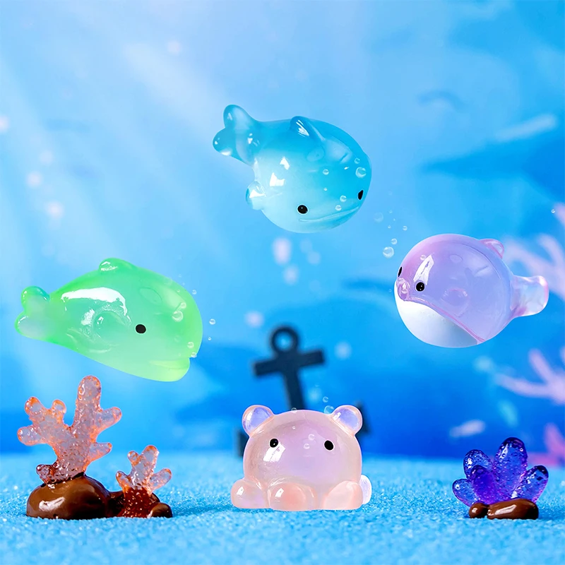 10PCS Cute Resin Luminous Whale Octopus Marine Organism Miniature Ornament For Fairy Garden Micro Landscape Potted Decoration