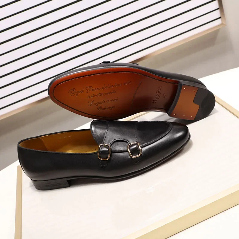 FELIX CHU Men\'s Genuine Leather Loafers Handmade Monk Strap Casual Dress Shoes for Wedding Party Summer Autumn Footwear