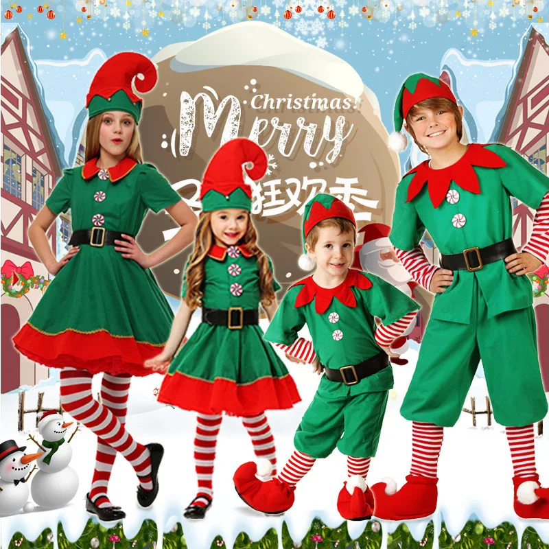 Christmas Costume Green Elf Cosplay Family Carnival Party New Year Fancy Dress Clothes Set for Men Women Girls Boys