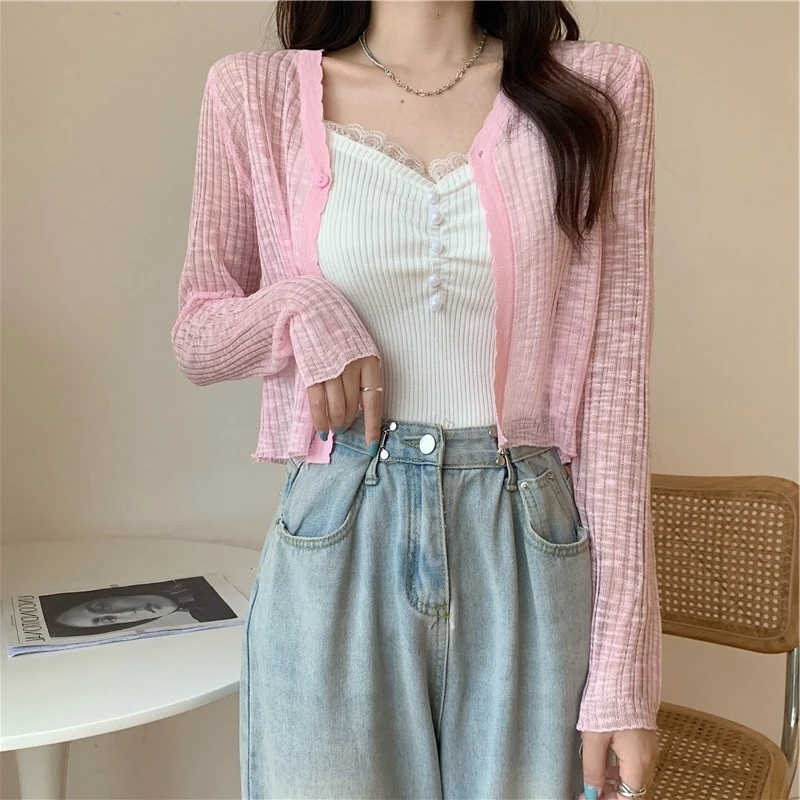 

Женский летний тонкий солнцезащитный вязаный кардиган, новый дизайн, укороченный фасон для помещений с кондиционером.