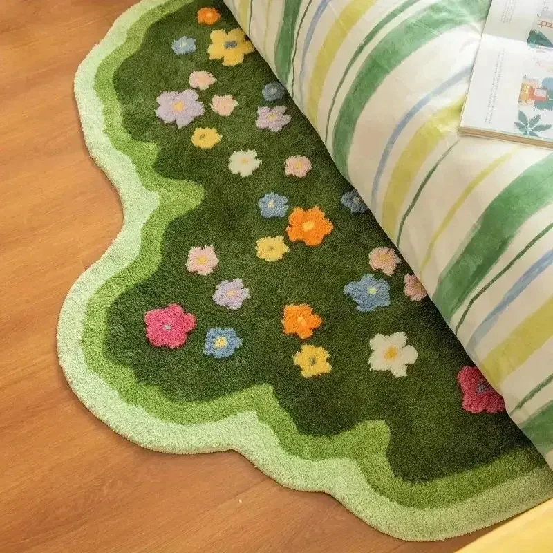 VIKAMA Irregular Green Floral Area Rug, Soft Shaggy Flower Print Floor Carpet for Bedroom, Bedside & Cute Home