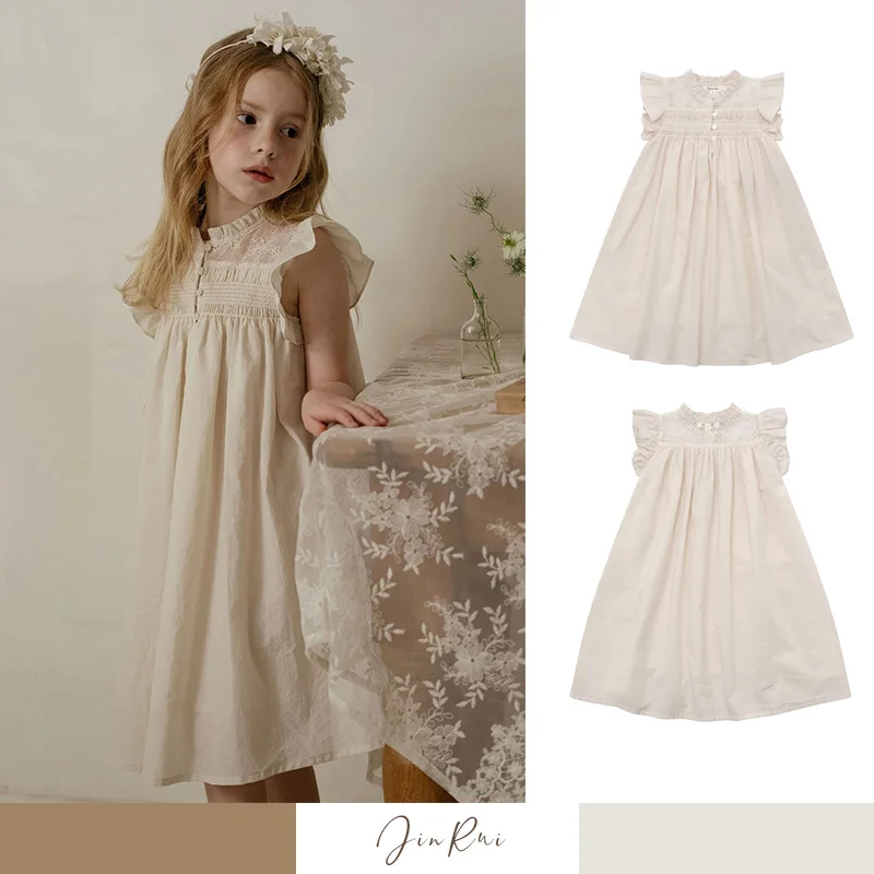 New Girls Lace Dress Kids Handmade Smocking Cotton Hand-Embroidered Flying Sleeves Clothes Birthday Party Princess Summer Frocks