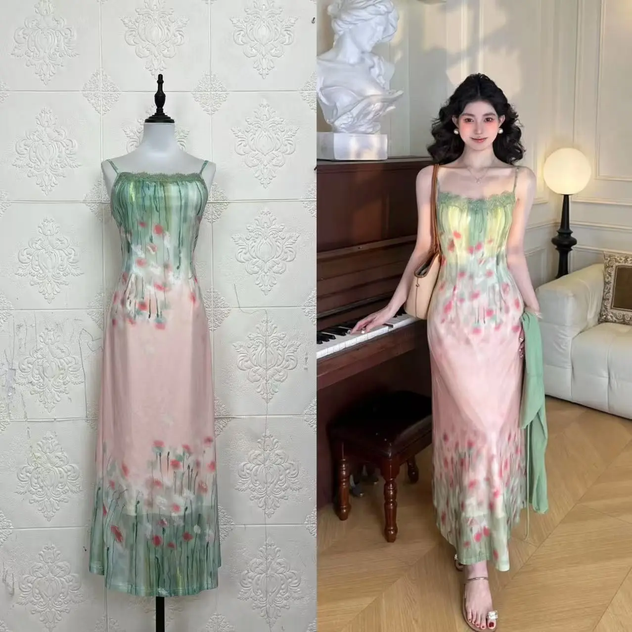 

2026 Sweet Oil Painting Dyed Strap Camisole Dress for Women Summer Beach Style Waist Slimming Long Dress Green Coat 2 Piece Set