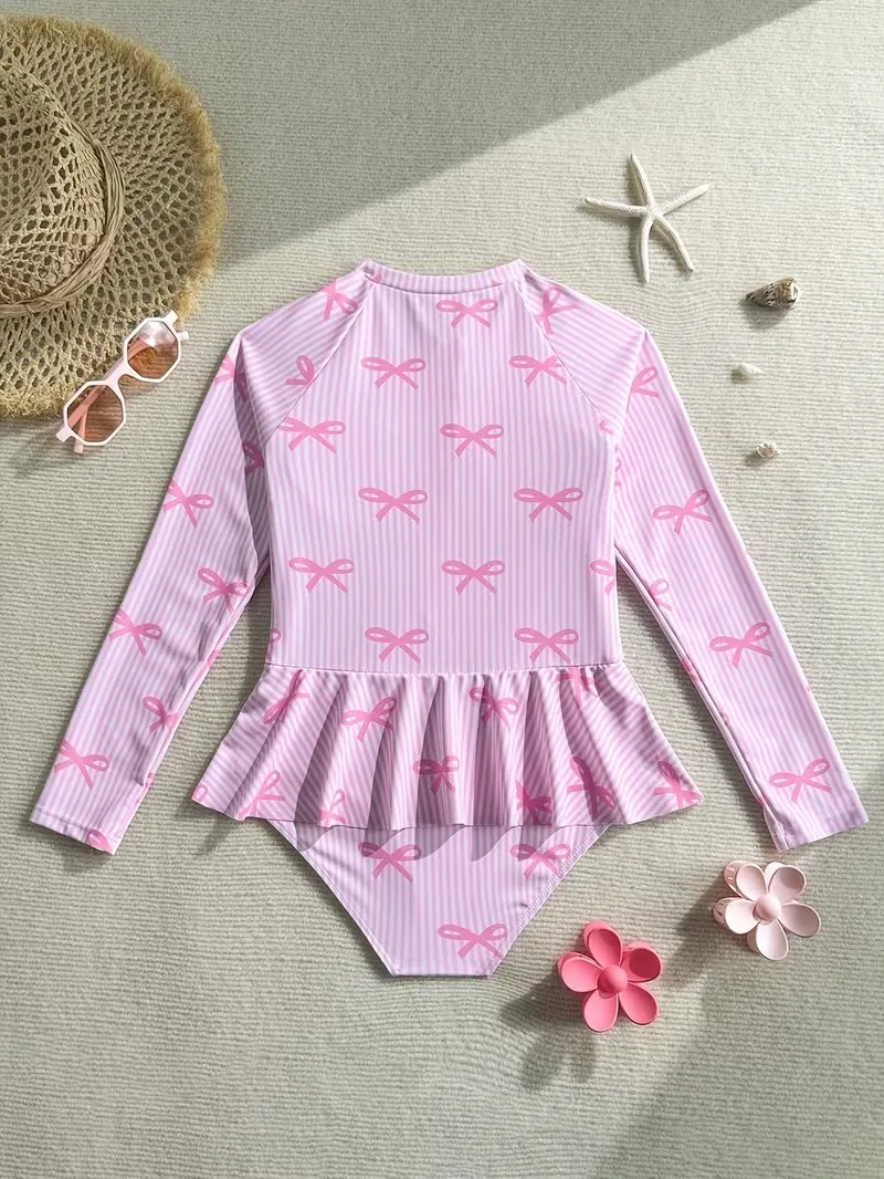 Children Girl UPF Sun Protection One Piece Swimwear Long Sleeve Bow Stripe Print Zipper Ruffle Skirt 3‑12Y For Beach Pool Party
