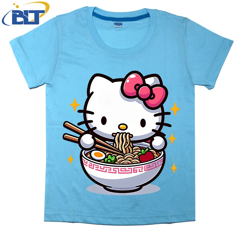 Hello Kitty eating noodles kids T-shirt pure cotton short-sleeved casual tops cartoon clothing for girls