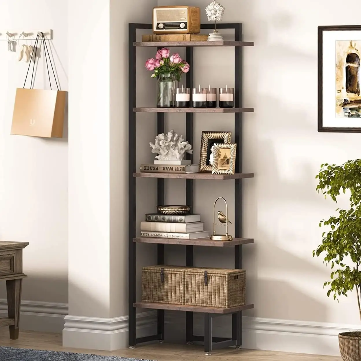 

Industrial Corner , 5 Tier Wood Wall Corner Bookshelf with Anti-Slip Pad, Corner Rack Shelves Display Plant Flower Rv L bracket