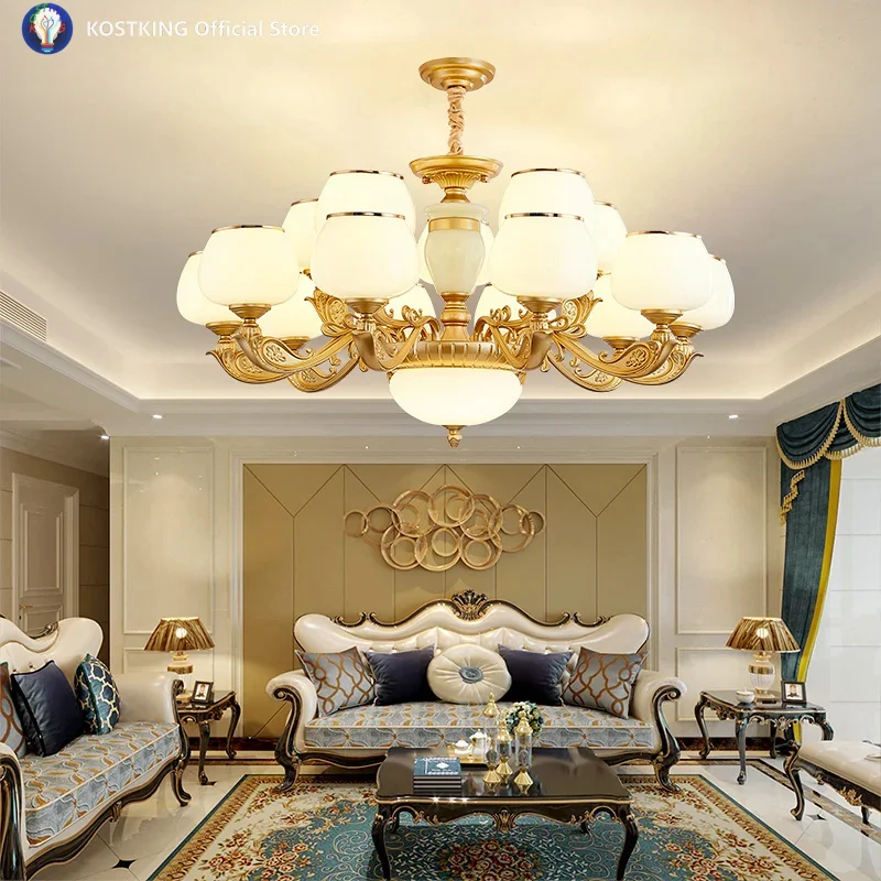 European Style Zinc Alloy Jade Glass Hardware Multi lamp Wall For Independent Villa Living Room Bedroom New Style Chandelier