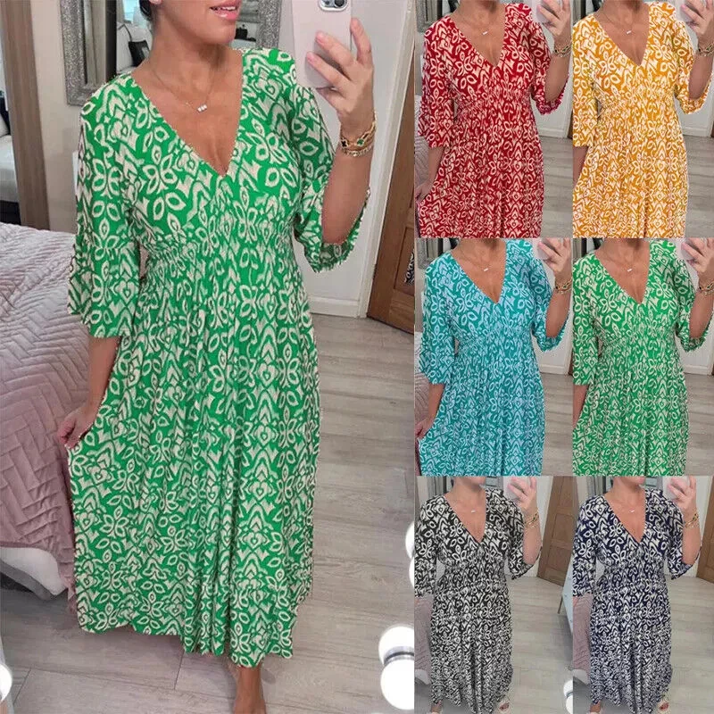 Robe à manches courtes à col en V pour femmes, robes de vacances en bord de mer floral, jupe longue trapèze, taille élastique, élégante, décontractée