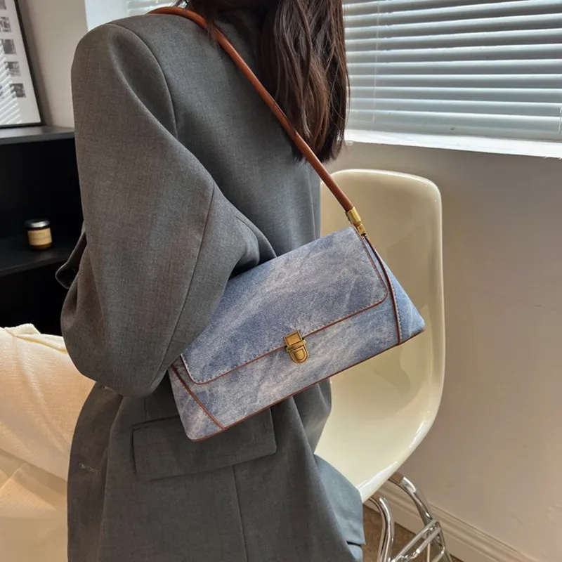 New Women's Designer Bag Luxury Versatile Shoulder Underarm Small Square Bag Fashion Simple Texture Contrast Denim Handbags