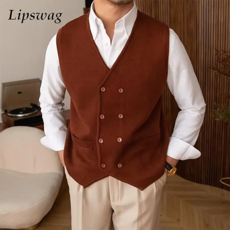 

Knitwear Mens Waistcoats Vintage V Neck Double-breasted Sleeveless Knitting Jackets Men Knitted Vest Jacket Old Money Aesthetic