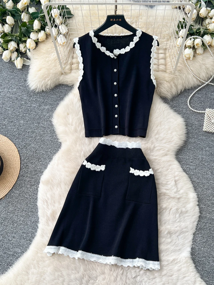 

Элегантный вязаный жилет без рукавов с кружевными вставками и юбка с высокой талией: модный летний комплект-двойка для женщин в стиле бизнес-кэжуал