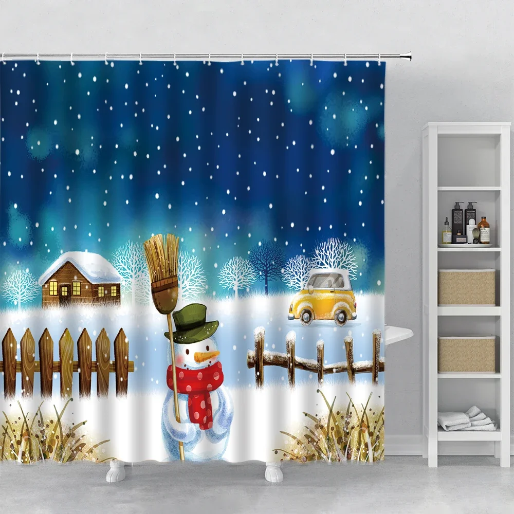 Happy Snowman Christmas Shower Curtain Snowflake Santa Claus New Year Gift Bathroom Waterproof Bath Curtain Home Decor With Hook