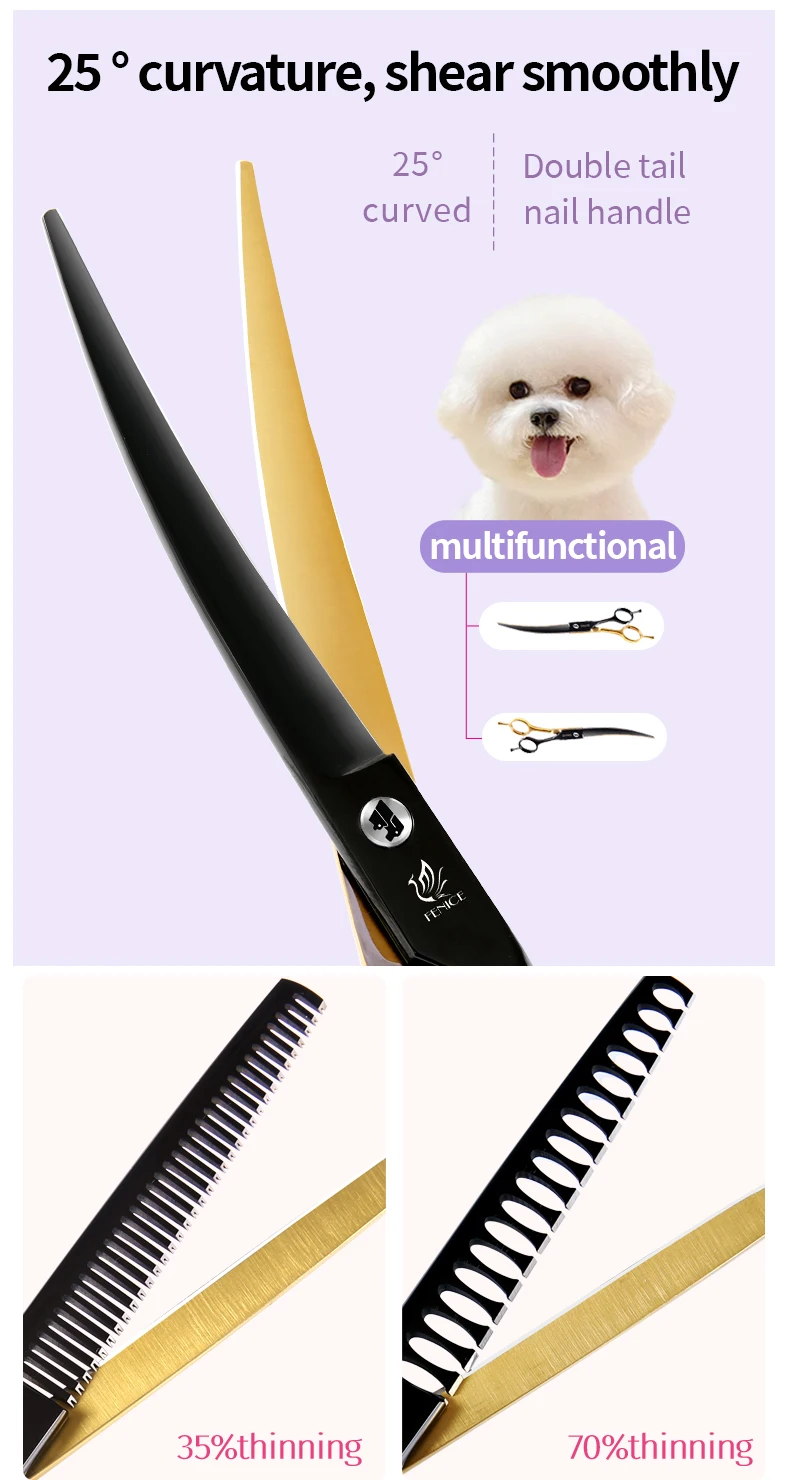 Fenice Professional Schwarz und Gold zweifarbige Hunde pflege Schere für kleine Hunde gerade gebogene Ausdünnung schere – Detail 7