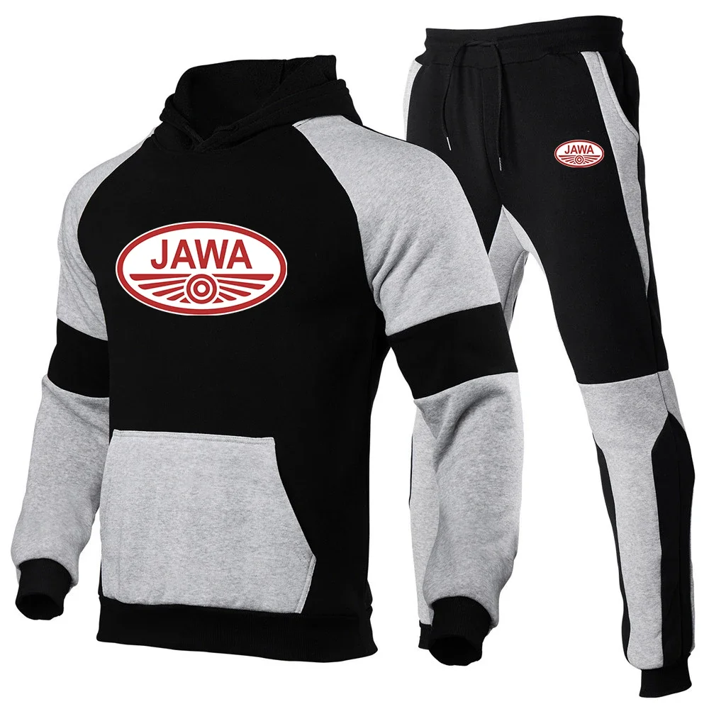 

2024 New JAWA Motorcycle Spring and Autumn Men Casual Joggers Hooded Sportswear Jackets Tricolor Splice Tops Comfortable Sets