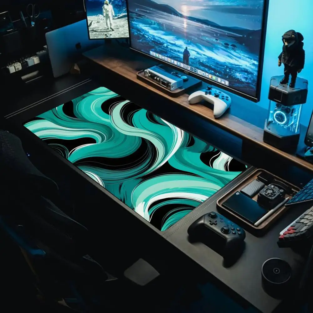 

Turquoise wavy on a black background Non-slip rubber bottom washable mouse pad suitable for work and gaming and office mouse pad