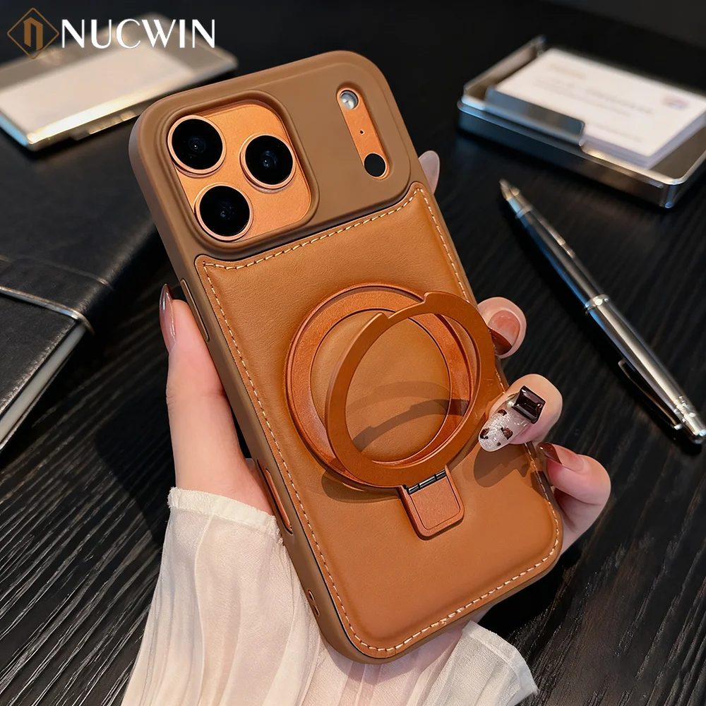 Business Magnetische Halterung Handyhülle für iPhone 17 12 13 14 15 16 Pro Max Plus 17Air Luxuriöse Weiche Leder-Standhülle Stoßfeste Abdeckung
