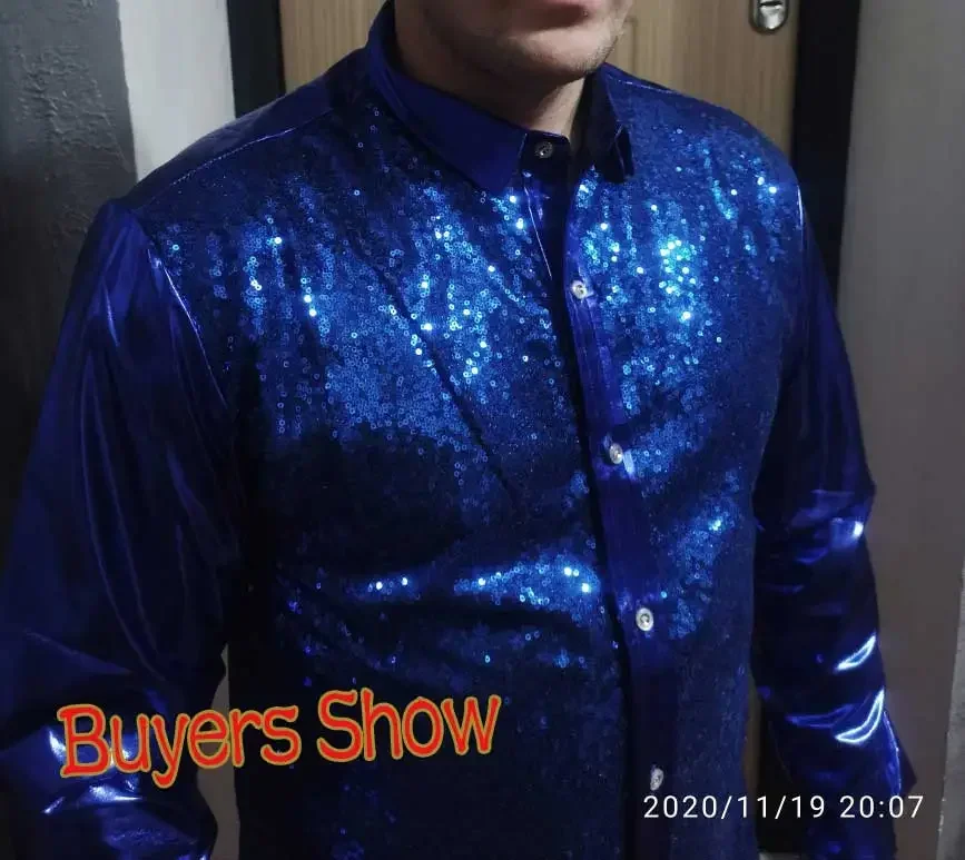 Luxury Royal Blue Sequin Metallic Dress Shirts Men 2023 New Long Sleeve 70's Disco Party Shirt Male Christmas Halloween Costume