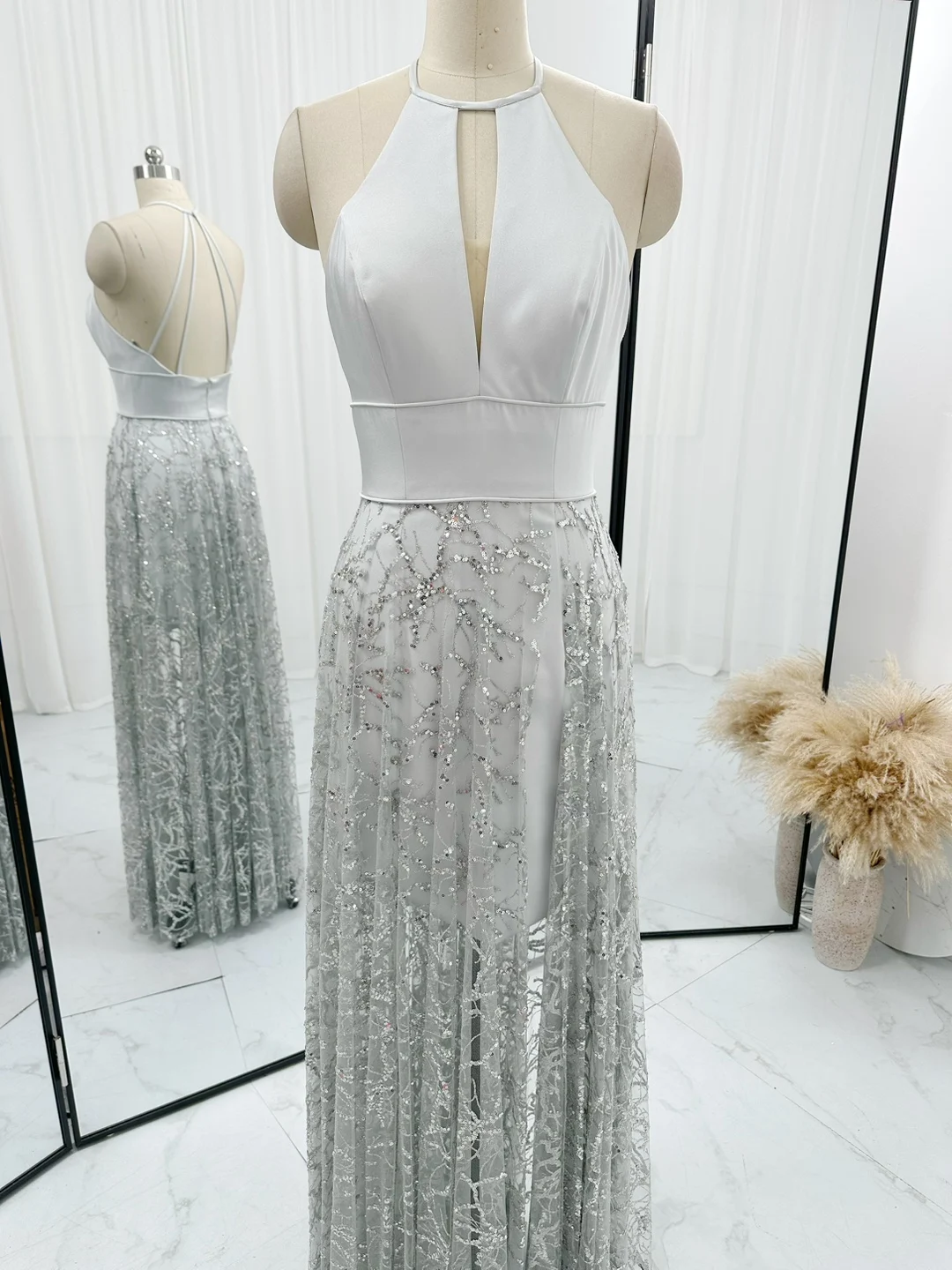 Silver Light Luxury Waist Sequin Hanging Neck Design Sense Hollow Fashion Long Skirt Dress M1167