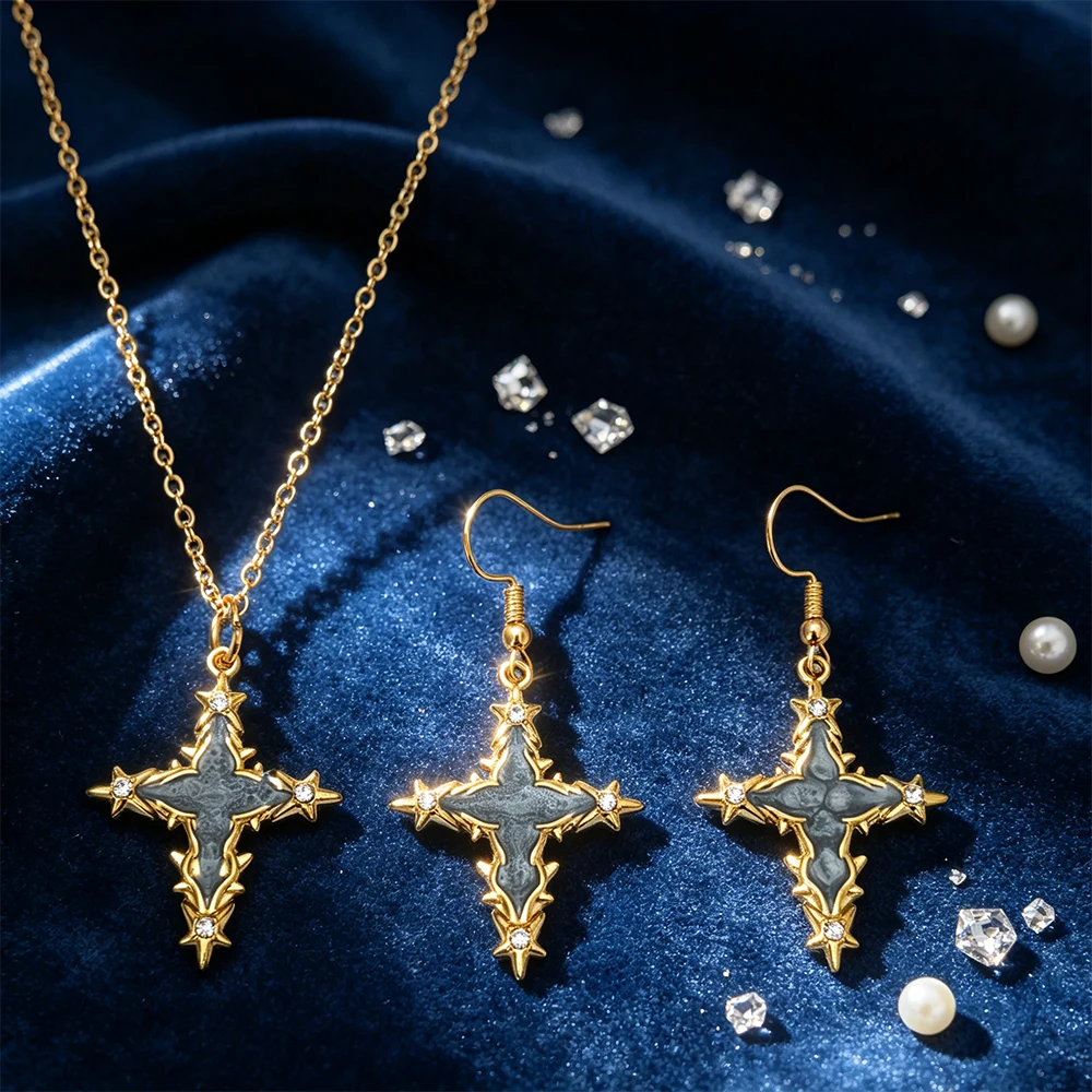European and American Retro Cross Star Jewelry Set, Diamond-Encrusted Oil-Drip Cross Pendant Necklace and Earrings Two-Piece Set, Gothic Style Accessories
