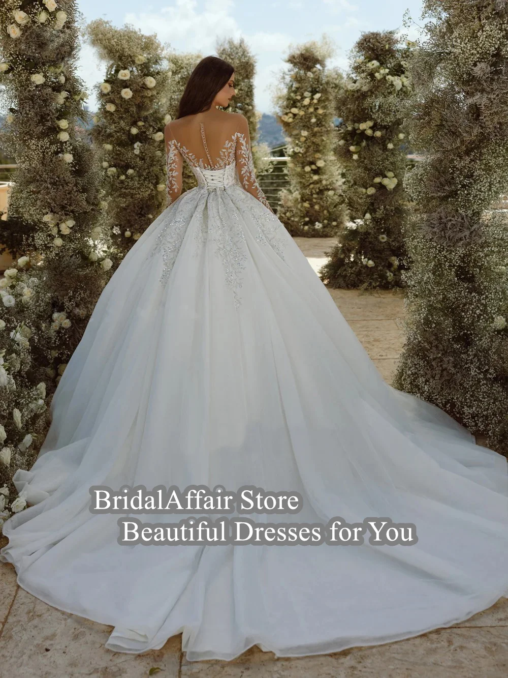 Vestidos de novia de Organza sedosa, elegantes vestidos de novia de línea a, cuentas, perlas, apliques, mangas completas, cuello de ilusión