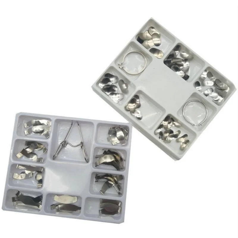 Matriks gigi dengan klip pegas, kit penuh dadu logam berkontur 36/100 buah untuk gigi dapat disterilkan dengan penyelamatan otomatis