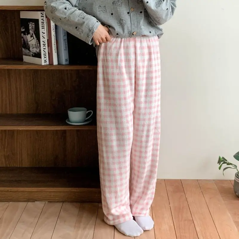 Cartoon Comfortable Flannel Pajama Pants Winter Fleece Warm Coral Fleece Home Pants Loose Checkered Casual Plush Pants