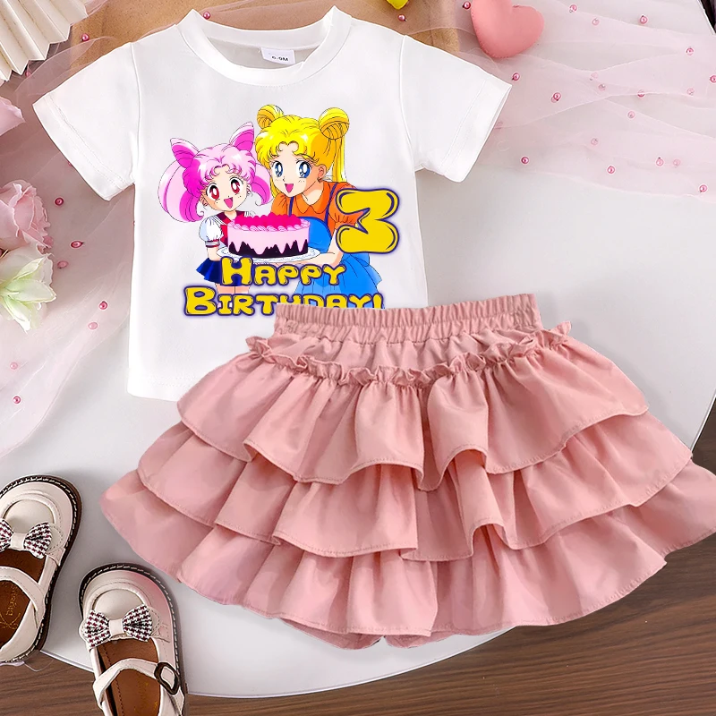 Conjunto de 2 Piezas de Camiseta y Falda de Sailor Moon para Niñas, Ropa de Cumpleaños con Número de Dibujos Animados Estampado, Vestido de Moda Infantil, Top de Manga Corta