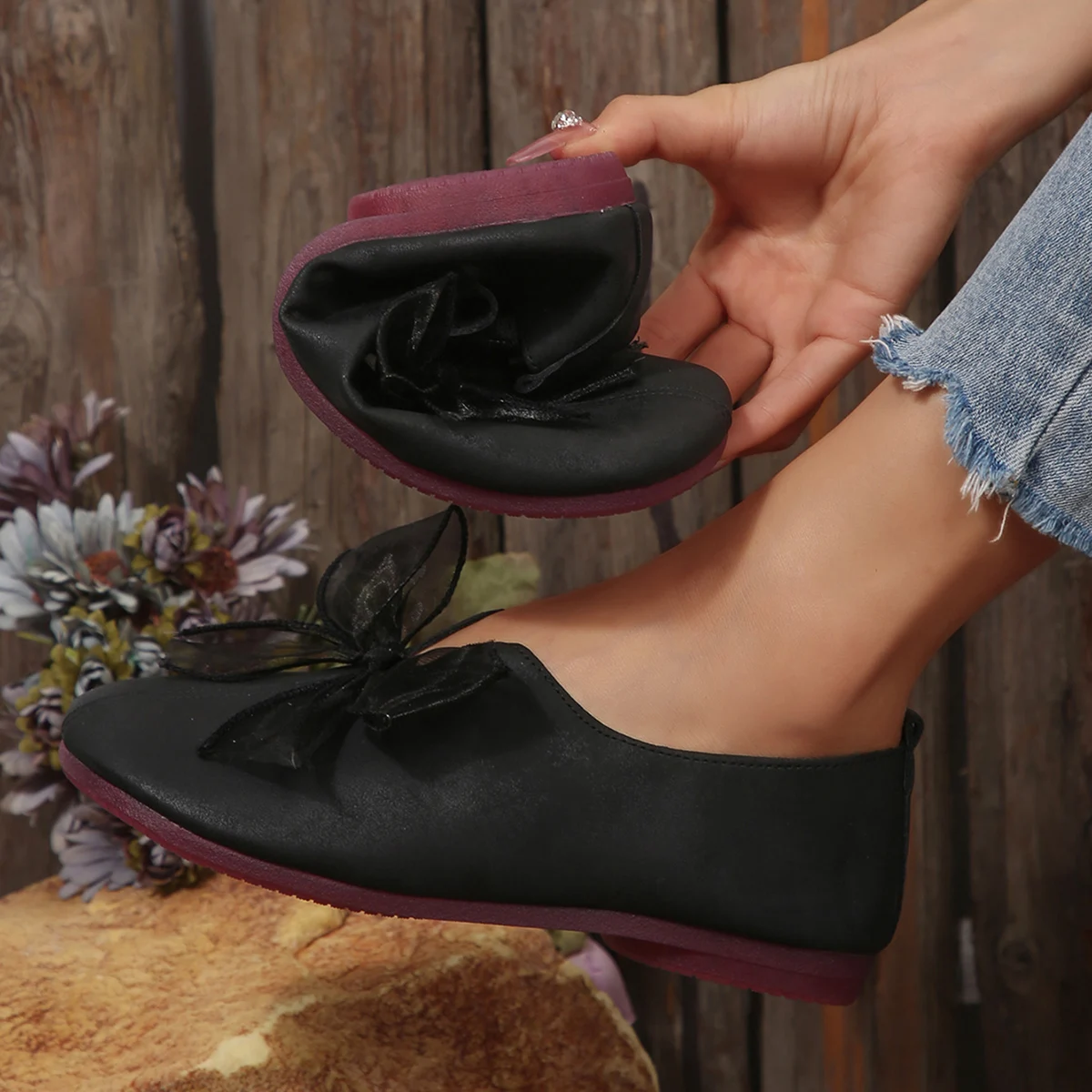 أحذية نسائية مسطحة مريحة، مزينة بأقواس، أحذية مكتنزة بمقدمة مستديرة