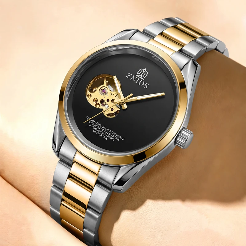 Hollow-Out Men's Automatic Mechanical Watch, Transparent Movement, Light Luxury Wristwatch, Stainless Steel Strap, Waterproof and Shockproof, Versatile for Workplace, Commuting, Business, and Casual Wear, Men's Mechanical Watch, Cross-Border Hot Seller