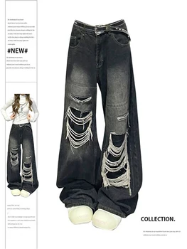 Jeans gótico preto rasgado feminino, calças jeans estéticas largas, calças Harajuku grandes, roupas da moda vintage, anos 2000, Y2k