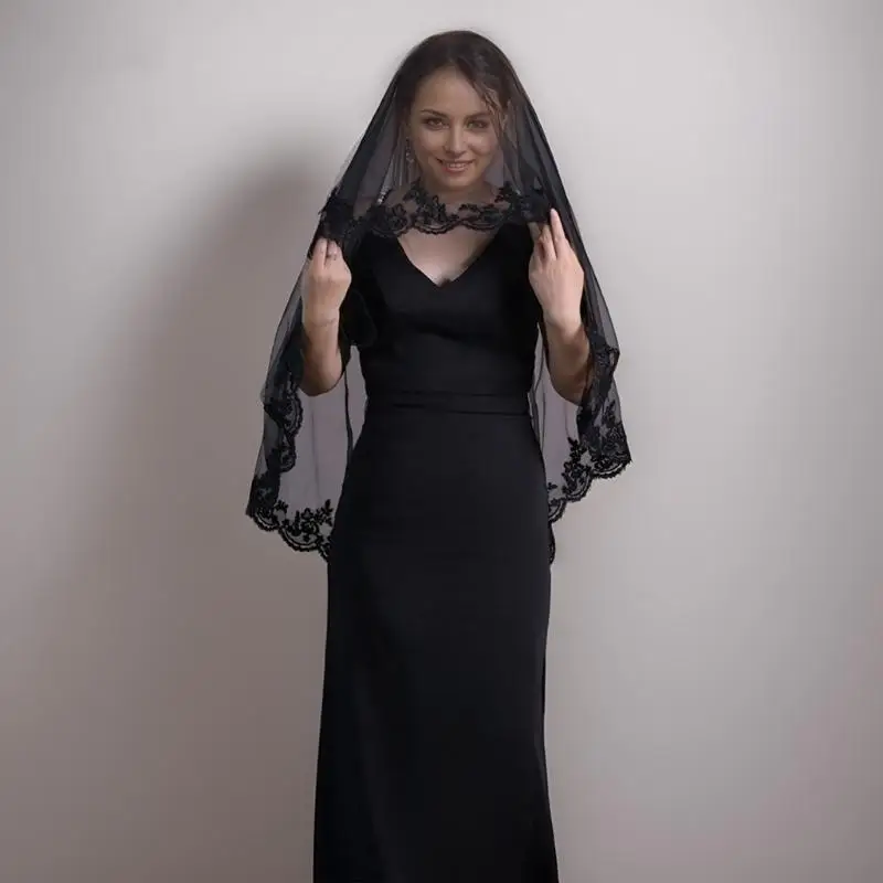 39BD Hochzeit Schleier Kopftuch Spitze Schwarz Schleier Braut Haar Zubehör Schwarz Mantilla – Detail 5