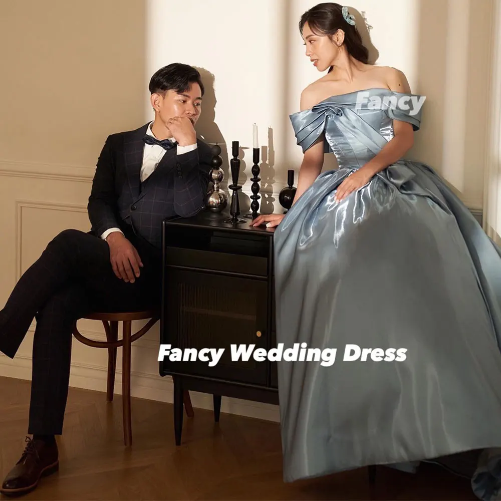 Fancy Korea High Quality Blue Wedding Dress A Line Shiny Satin Bridal Gown Back Corset Customized 웨딩드레스