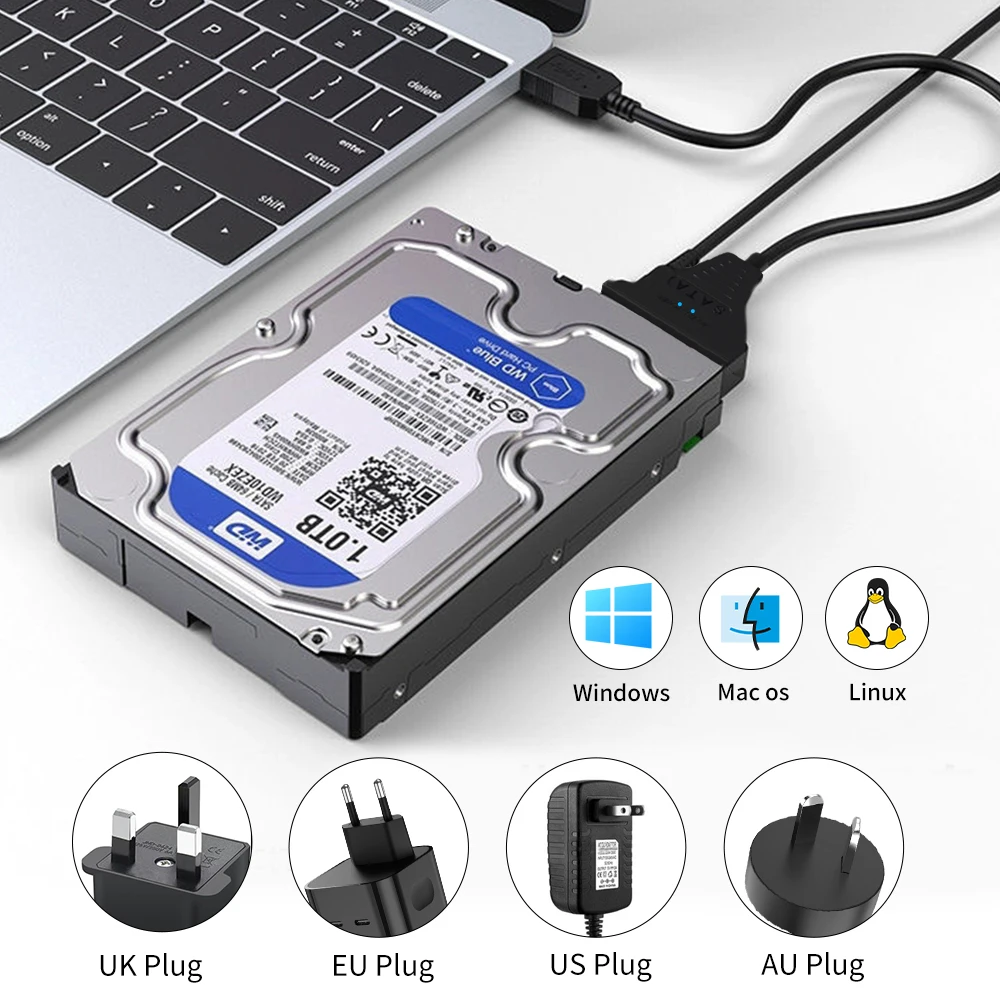 USB 3.0 SATA C 타입 어댑터, SATA 케이블, 2.5 인치, 3.5 인치 SSD HDD SATA III 하드 드라이브 디스크, 12V, 2A 전원 어댑터