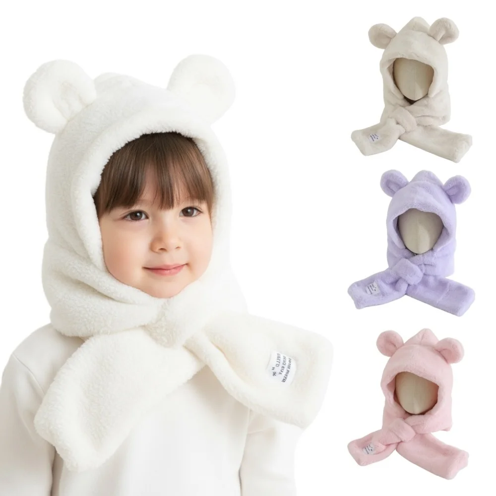 

2-7Y Winter Baby Hat One-Piece Plush Kids Hat Hooded Scarf Bear Ears Warm Infant Ear Protection Cap Girls Boys Windproof Beanies