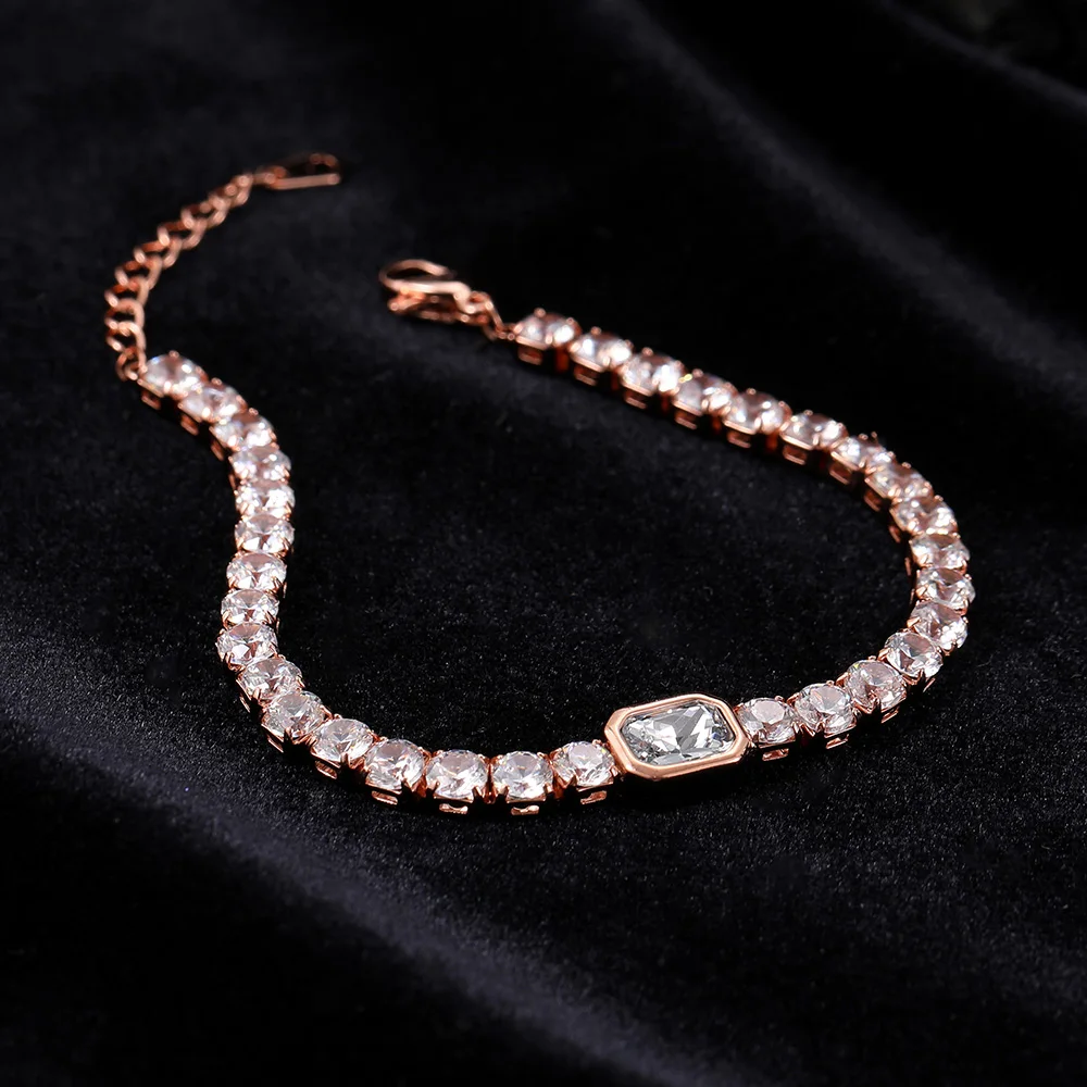 Korean Fashion Tennis Bracelet Women Simple Iced Out Multicolor Zircon Rose Gold Color Bangle Hand Jewlery Friend Gift KCH032