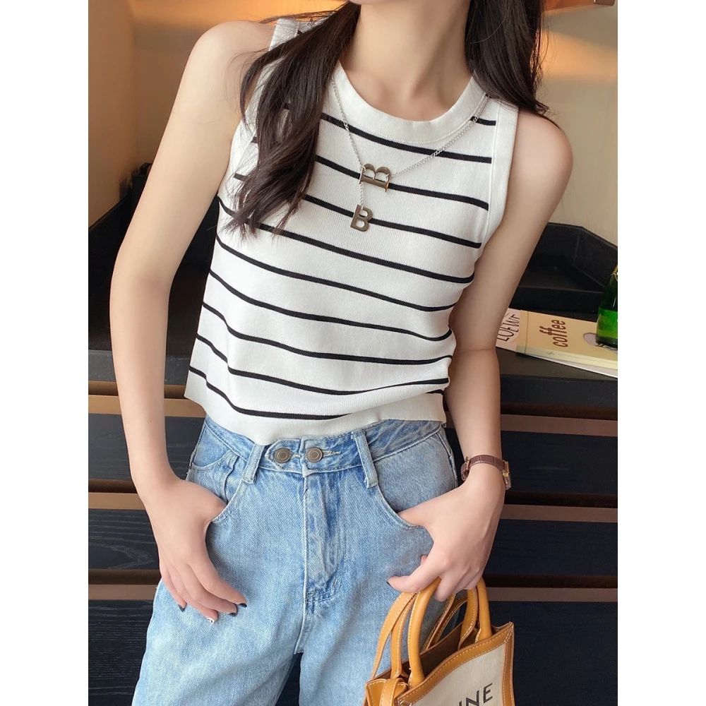 

Summer Stripe Knitted Strap Vest Women's round Neck Sleeveless Suit Inner Short Base Shirt Tank Top Overlap Upper Apparel