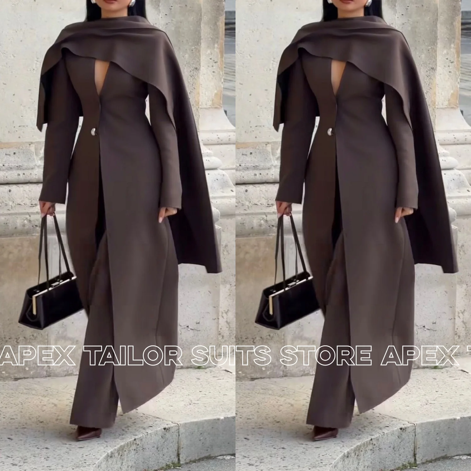 Elegant Women 3Pcs Outfit Cape Shawl Long Coat Wide Leg Trousers Luxury Wedding Guest Formal Office Business Fashion Pant Suit
