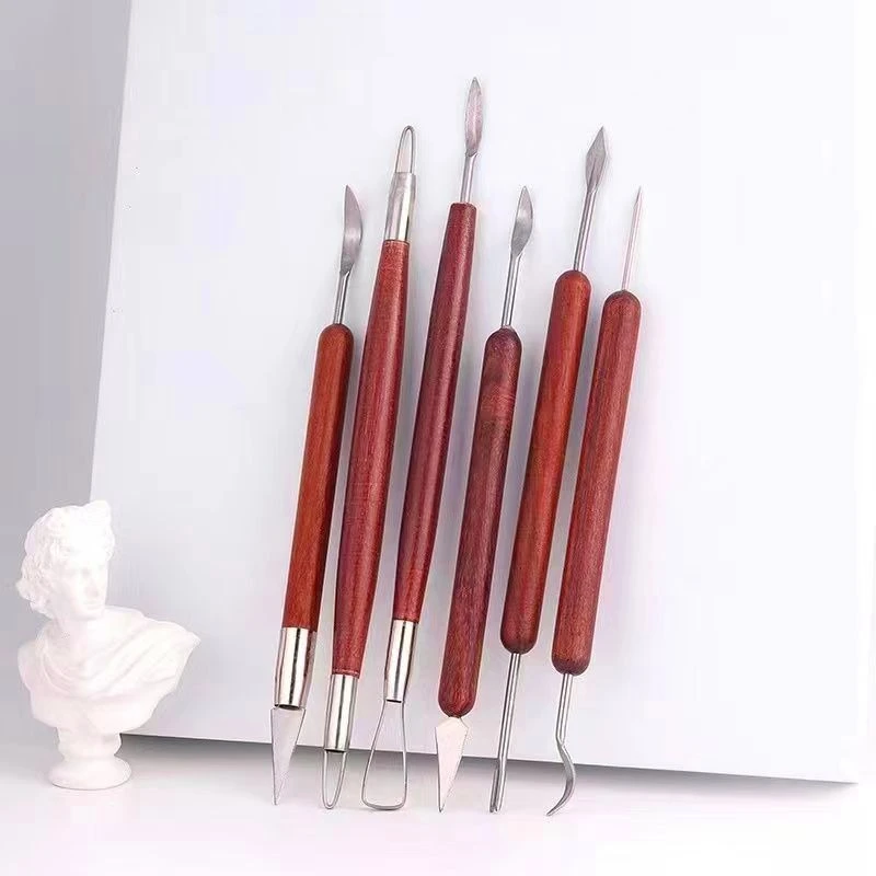 Cuchillo de talla de doble cara, herramientas de alfarería, herramientas de escultura de arcilla polimérica, 6 uds. Para reparación de arcilla, Kit de herramientas de cerámica, mango de madera roja