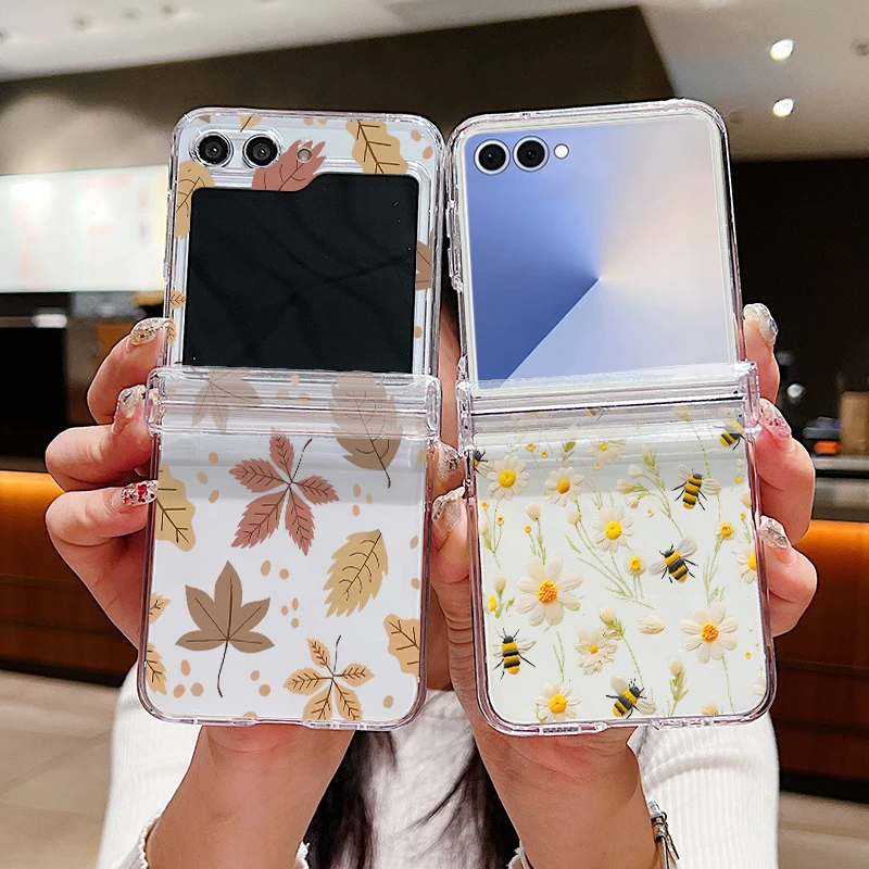 Z Flip 7 حافظة متمحور واضحة الصلب PC الزهور الفاخرة يترك نمط للطي قضية الهاتف لسامسونج غالاكسي Z Flip 7 FE 6 5 4 3