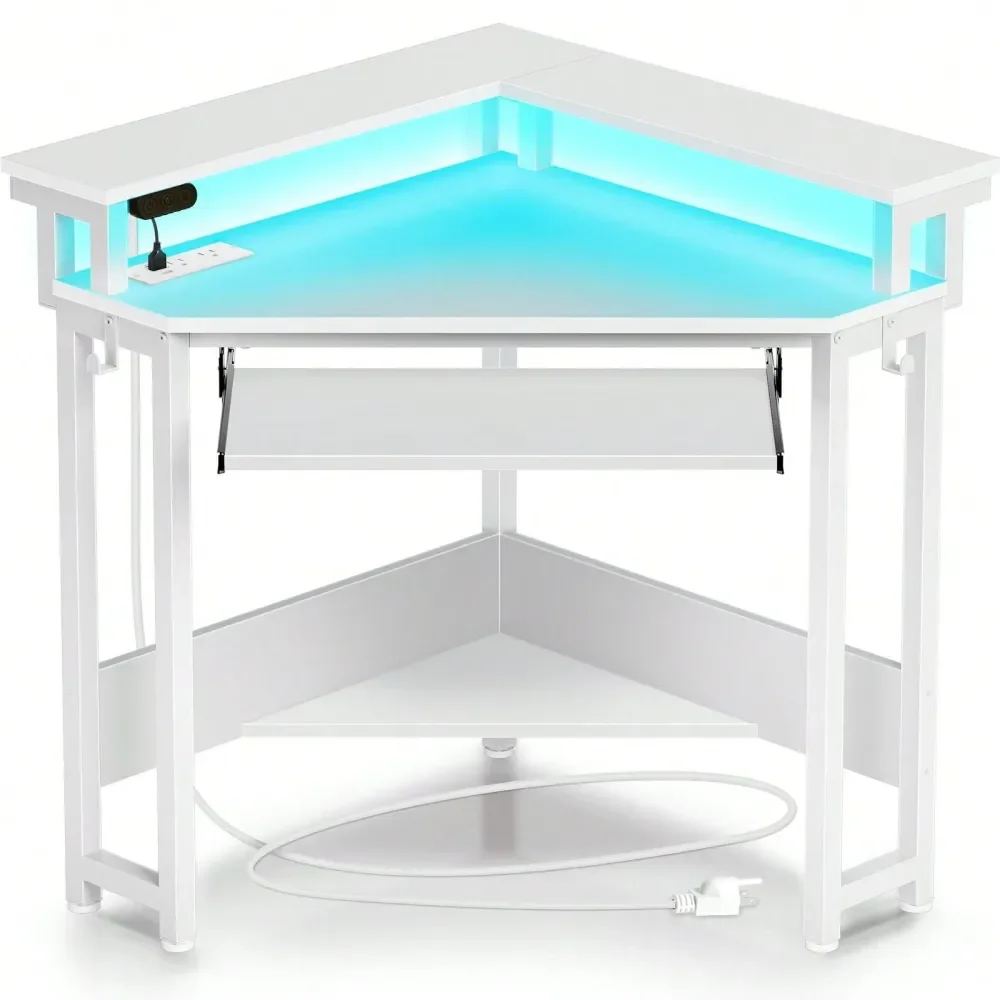 

standing desk l shaped desk tableCorner Desk, 44.5 W X 34.5 H Small Computer Desk With Power Outlets LED Lights, Triangle Corner