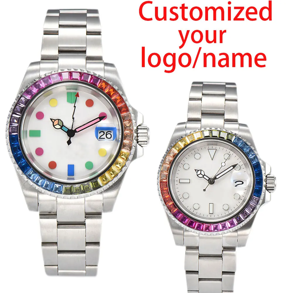 Custom logo 40mm watches for men sapphire glass colored diamonds NH35 automatic movement Stainles ssteel case waterproof watch