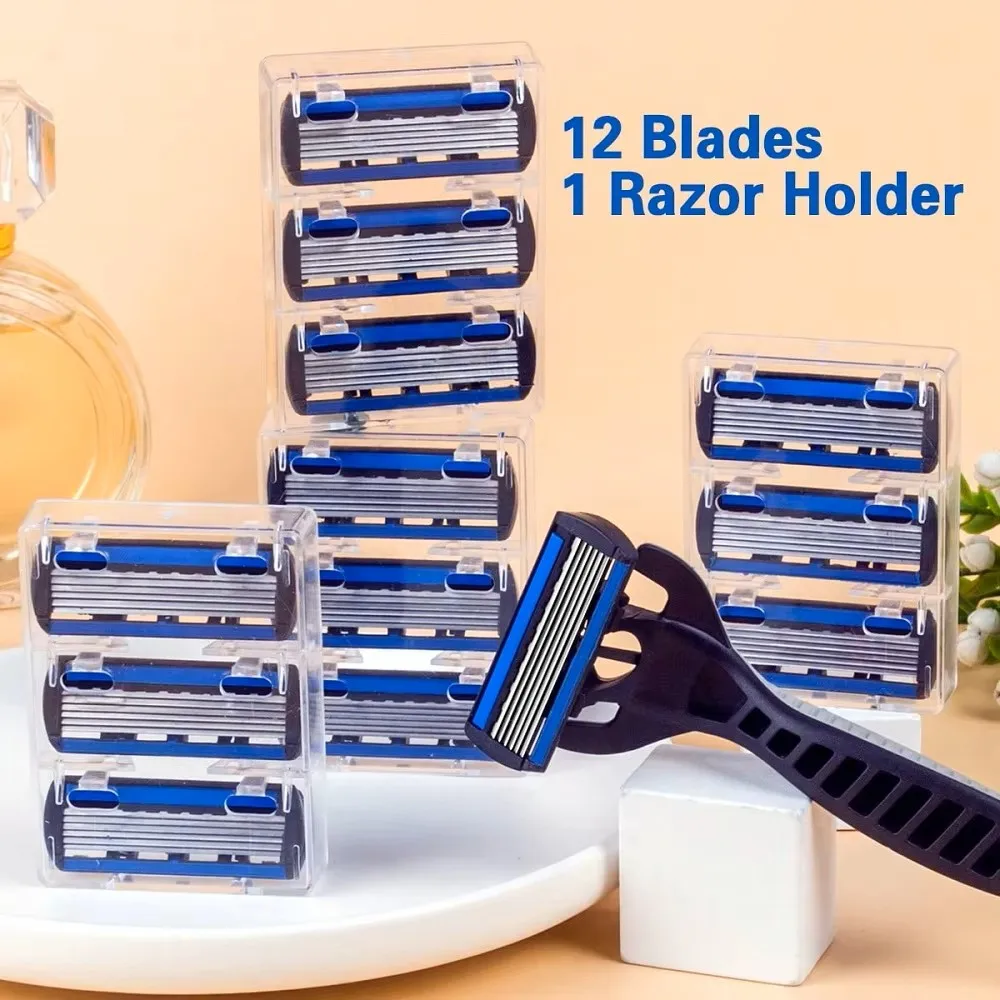 ماكينة حلاقة يدوية آمنة للرجال مكونة من 6 طبقات من الفولاذ المقاوم للصدأ لإزالة الشعر، أدوات ماكينة حلاقة قابلة للاستبدال